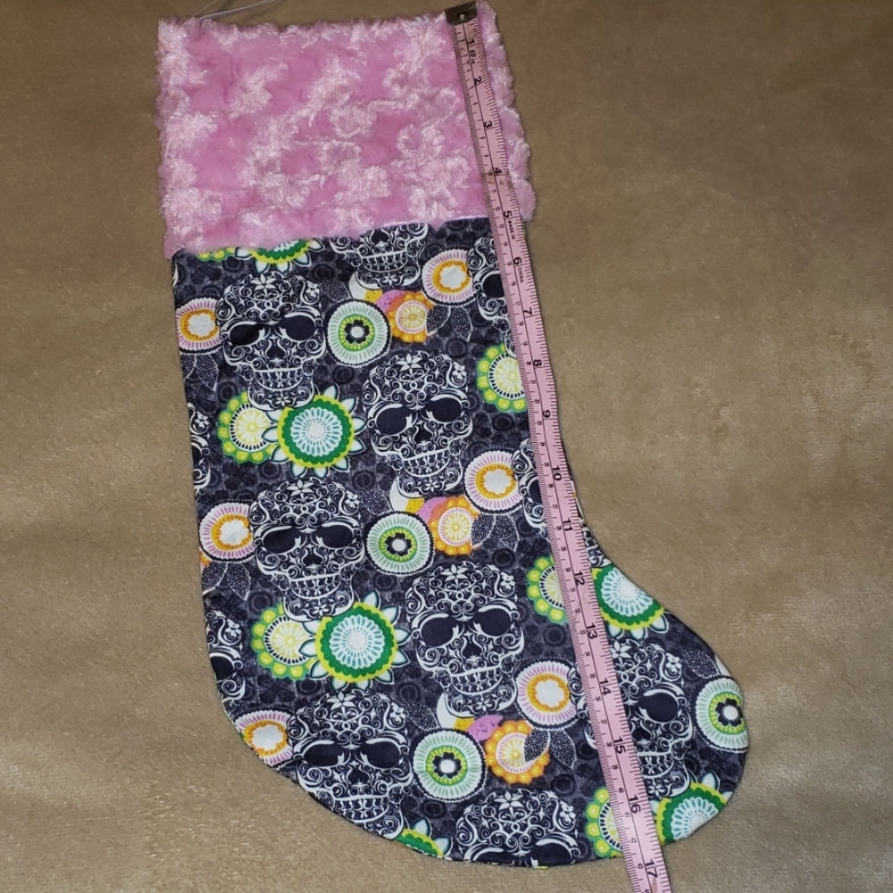 Gothic 17" Halloween Holiday Stocking Sugar Skulls & Flowers w Pink Fur Trim